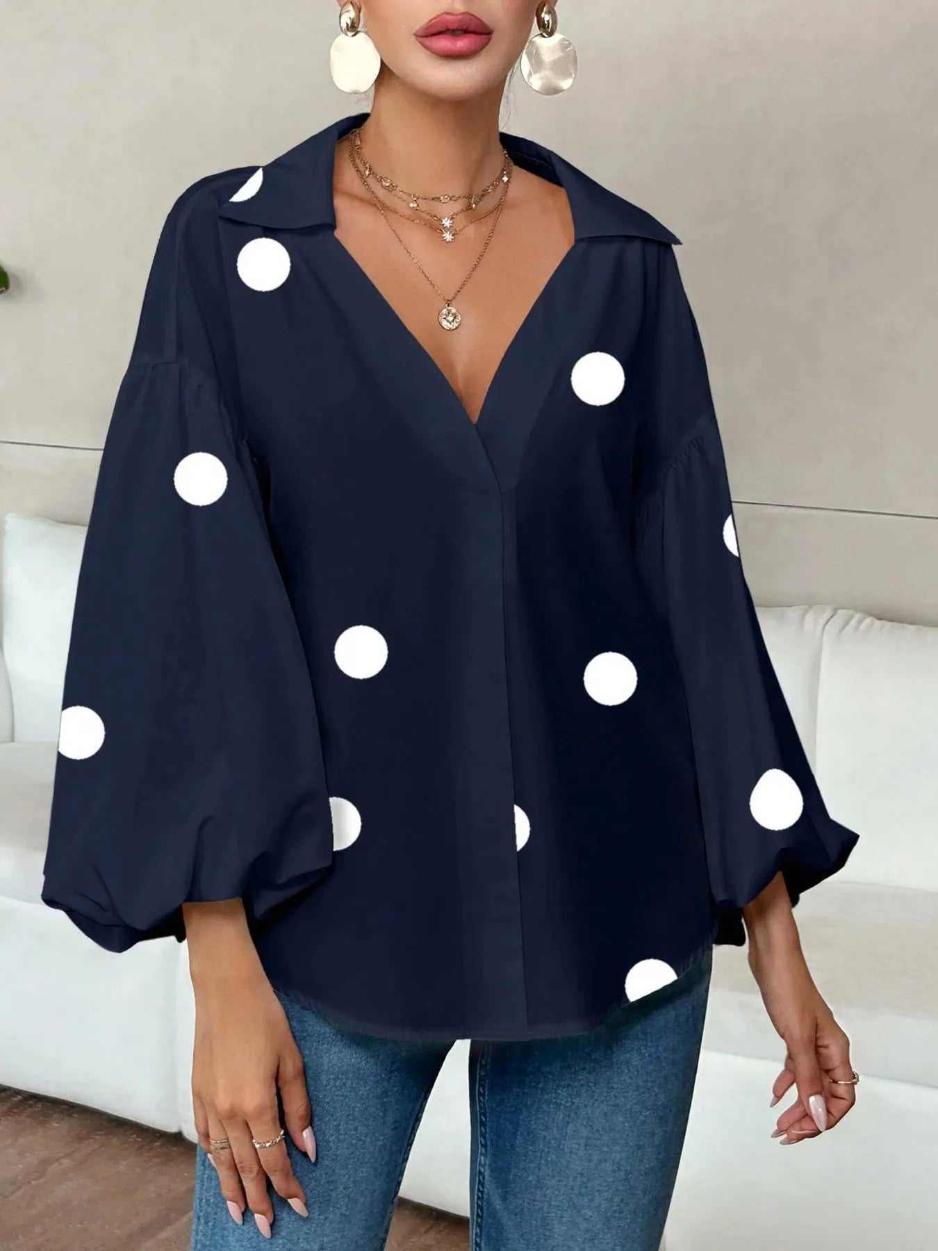 Sarah Express Women's Polka Dot Balloon Sleeve Blouse - Oversized Button-Up Top