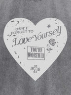 Sarah Express Women's Heart Round Neck Short Sleeve T-Shirt - Oversized Washed Cotton Tee