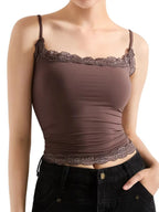 Sarah Express Women's Lace Trim Cami Top - Elegant Sleeveless Tank Brown