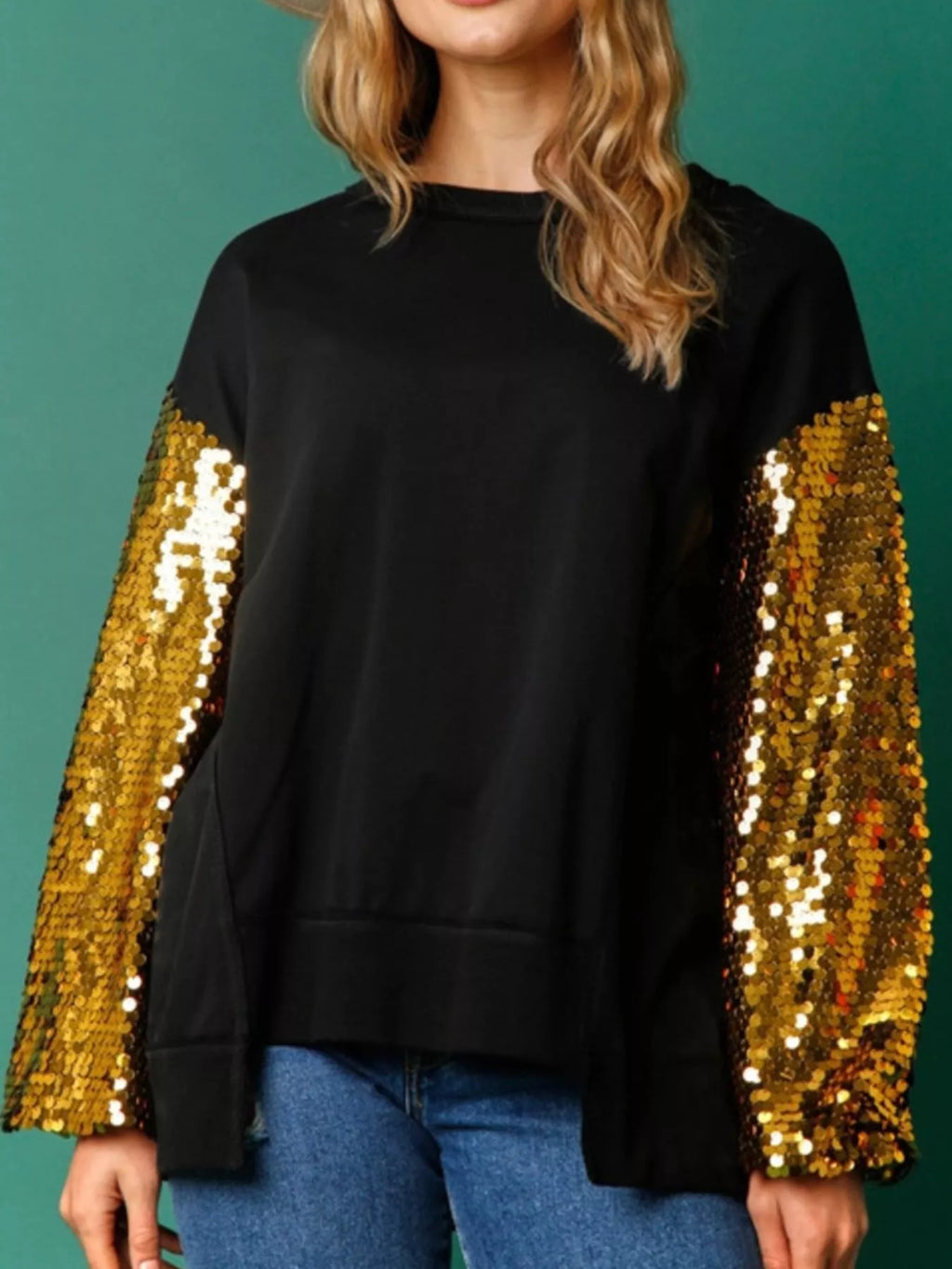 Sarah Express Women's Sequin Long Sleeve Round Neck Sweatshirt - Oversized Sparkle Top