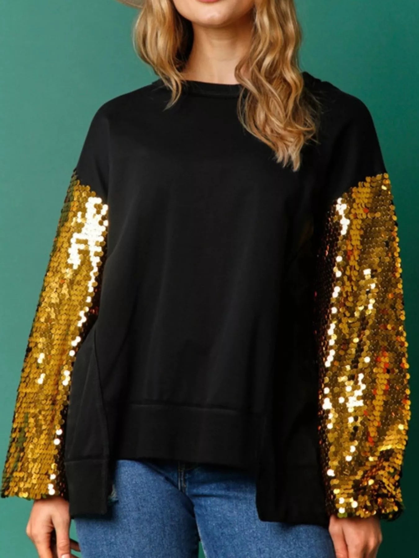 Sarah Express Women's Sequin Long Sleeve Round Neck Sweatshirt - Oversized Sparkle Top
