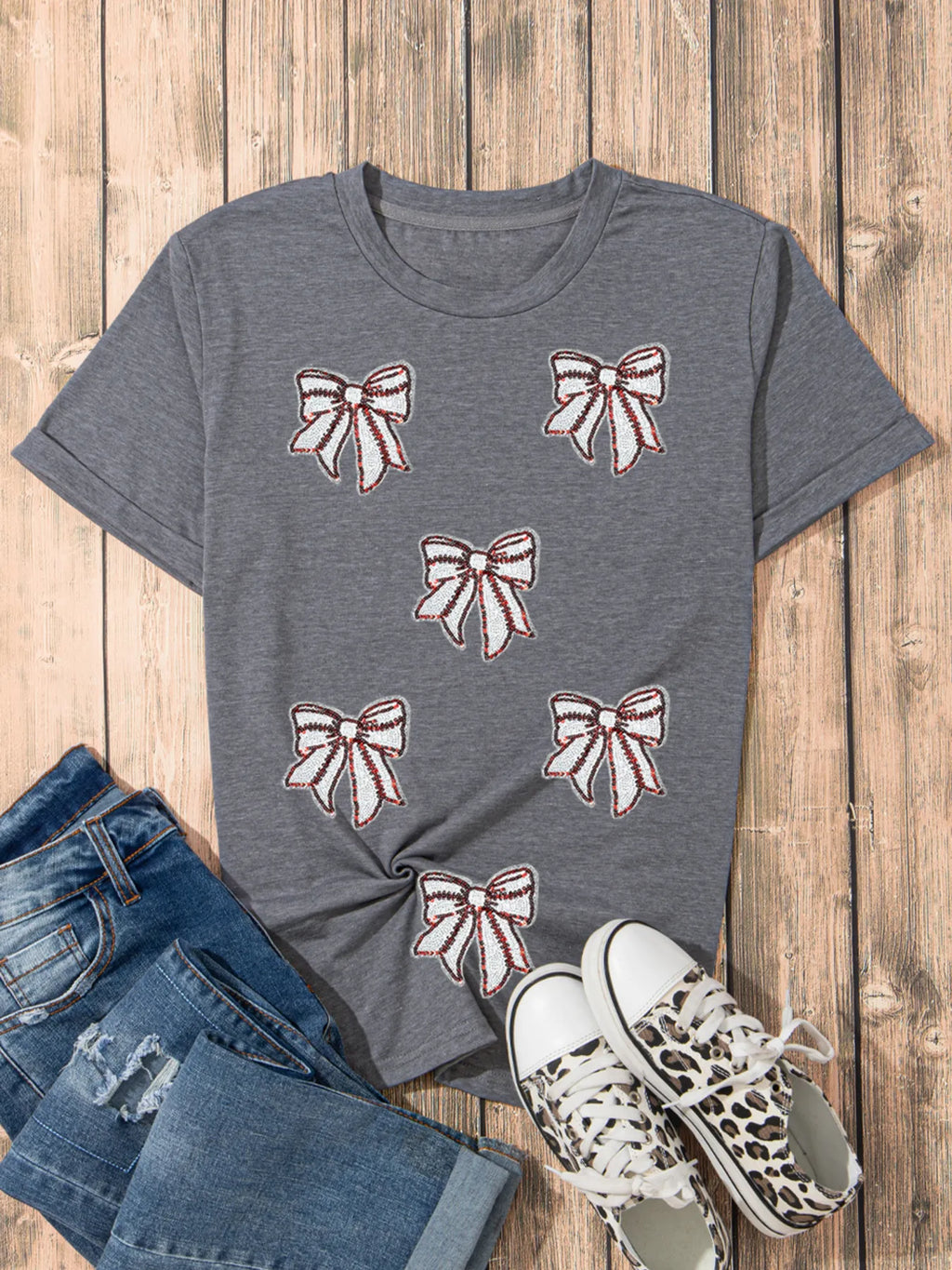 Sarah Express Women's Sequin Bow Short Sleeve Tee - Casual Cotton Blend T-Shirt