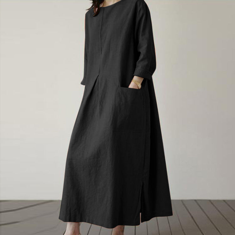 Women's Autumn Solid Color Elegant Cotton Dress Long Sleeve Wide Waist Basic Maxi Dress