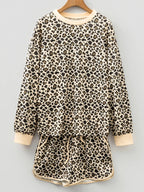 Sarah Express Women's Leopard Print Contrast Trim Long Sleeve Pullover and Drawstring Shorts 2pcs Outfit