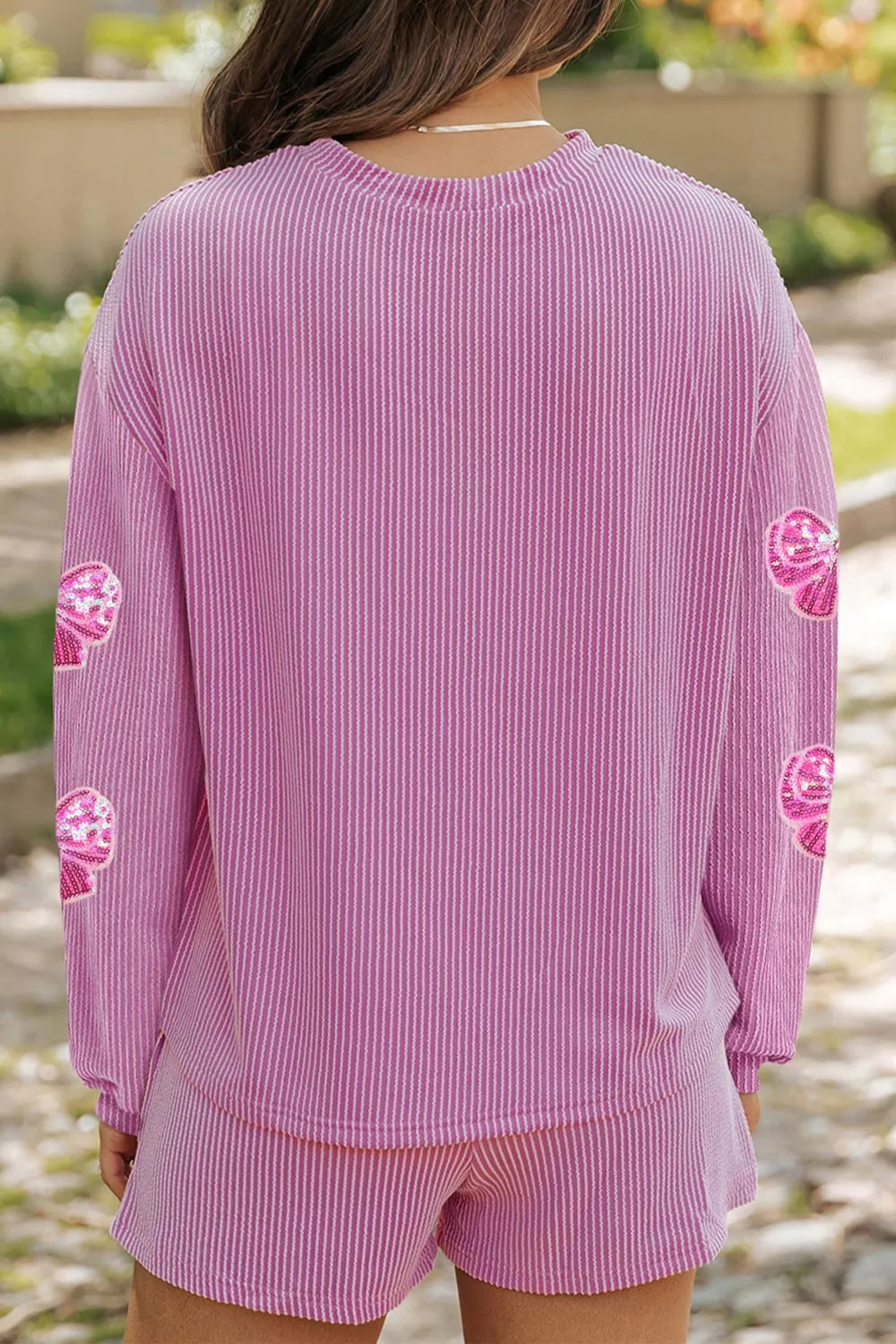 Sarah Express Women's Corded Rib Sequin Bow Patched Long Sleeve Top and Shorts 2pcs Set