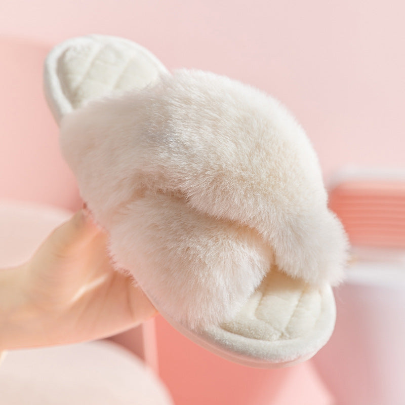 Sarah Express Furry Cross-Strap Plush Slides Indoor Slippers