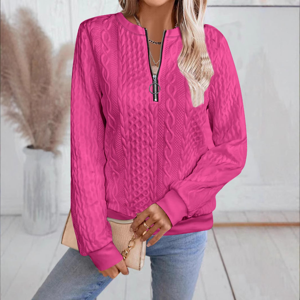Women's Zipper Detail Long Sleeve Sweater Casual Loose Fit Pullover Top