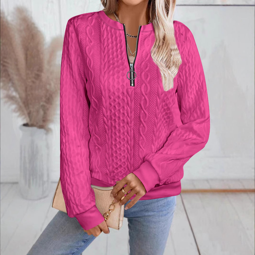 Women's Zipper Detail Long Sleeve Sweater Casual Loose Fit Pullover Top