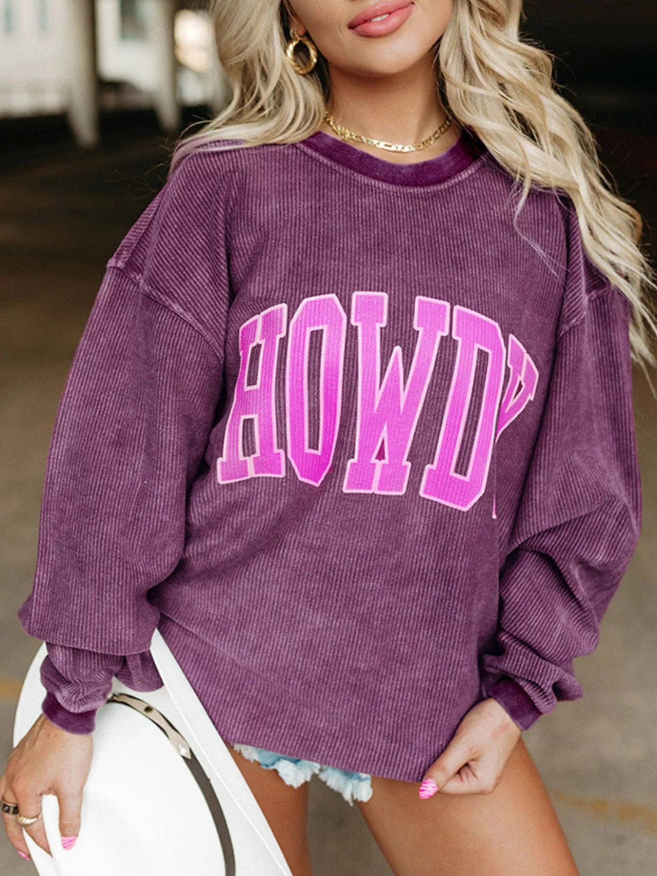 Sarah Express Women's Howdy Oversized Sweatshirt with Pockets - Round Neck Pullover Purple