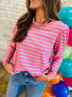 Sarah Express Women's Stripe Textured Knit Round Neck Puff Sleeve Top Fuchsia Pink