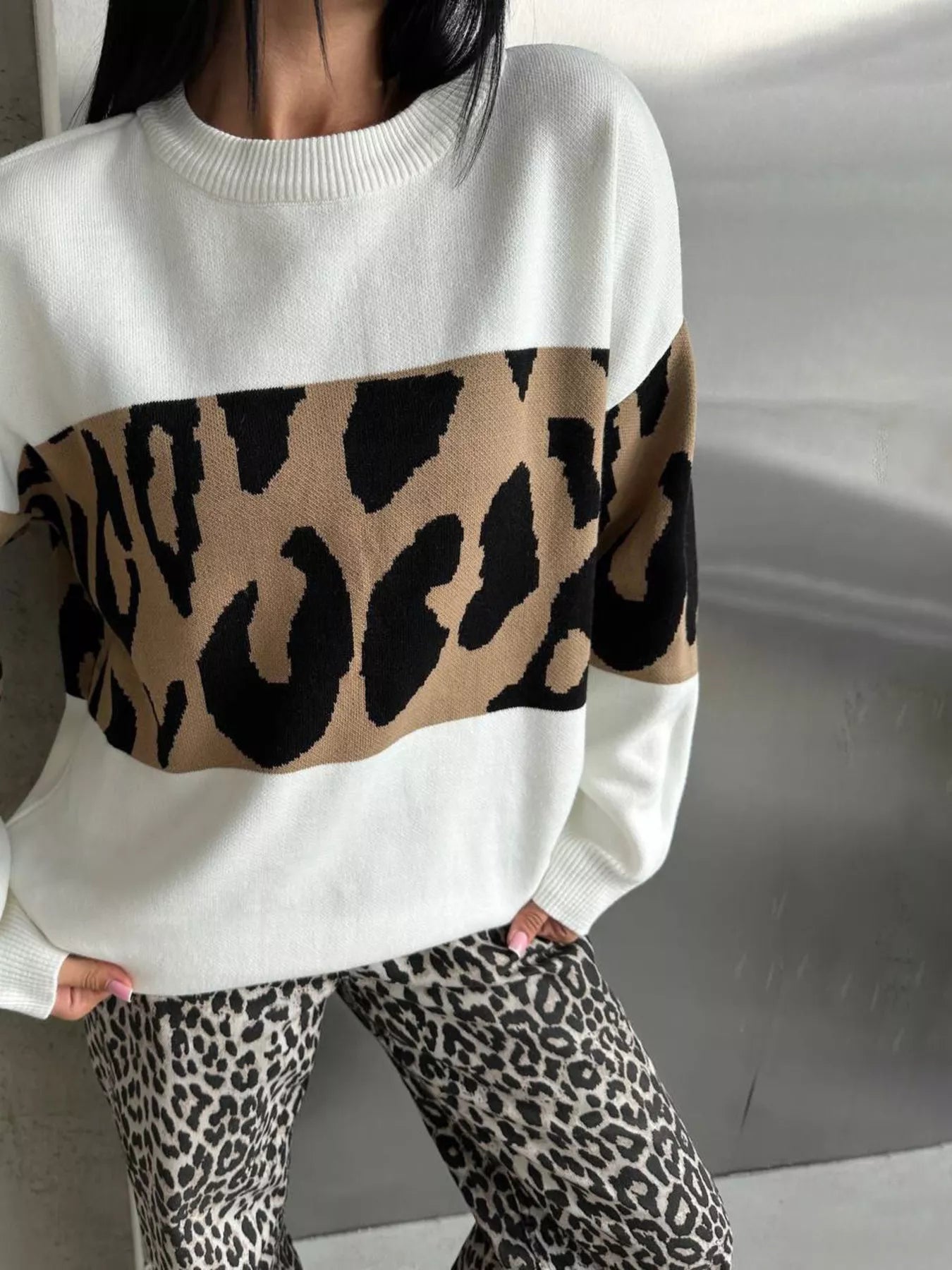 Sarah Express Women's Leopard Color Block Round Neck Sweater White