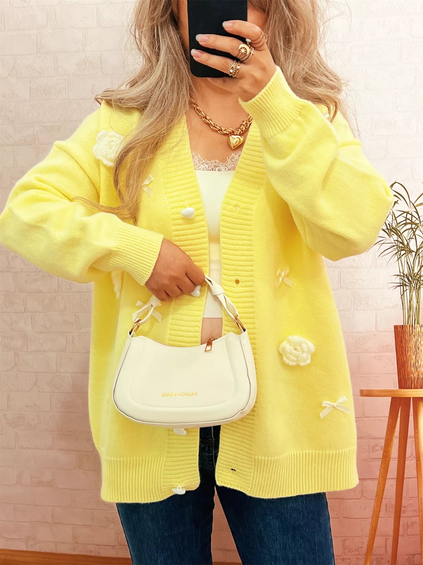 Sarah Express Women's Flower Heart Button Long Sleeve Cardigan Yellow One Size