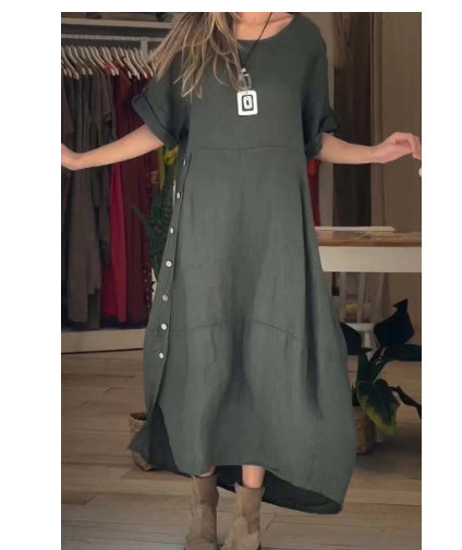 Women's Loose Cotton Linen Maxi Dress Short Sleeve Casual Relaxed Fit
