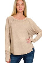 Sarah Express Women’s Top Long Sleeve Thumb Hole Washed Cotton Top in Ash Mocha
