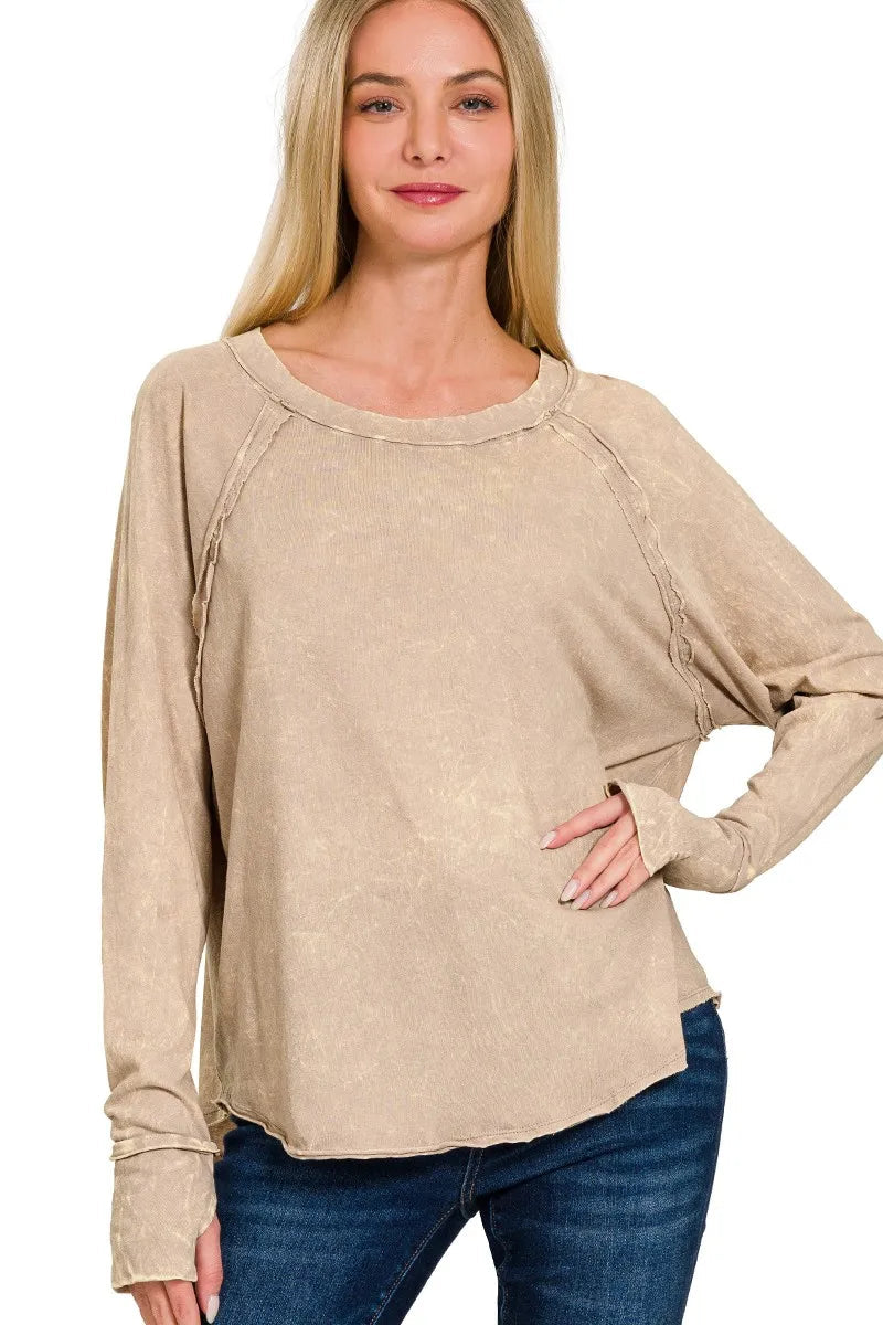 Sarah Express Women’s Top Long Sleeve Thumb Hole Washed Cotton Top in Ash Mocha

