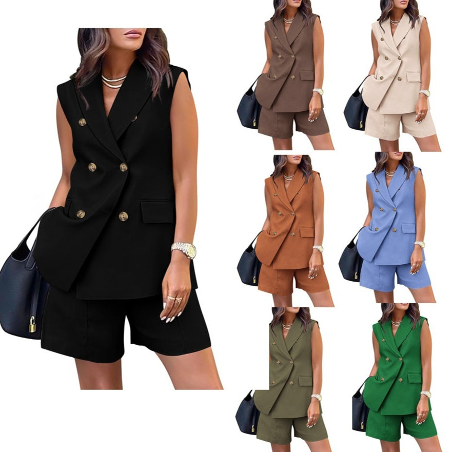 Women's Double-Breasted Vest and Shorts Suit Two-Piece Business Casual Set