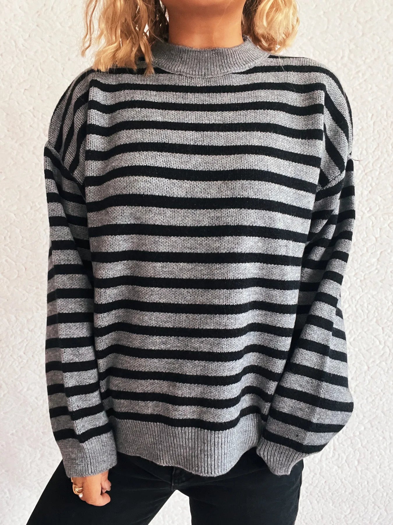 Sarah Express Women's Striped Mock Neck Long Sleeve Sweater - Oversized Ribbed Knit Top