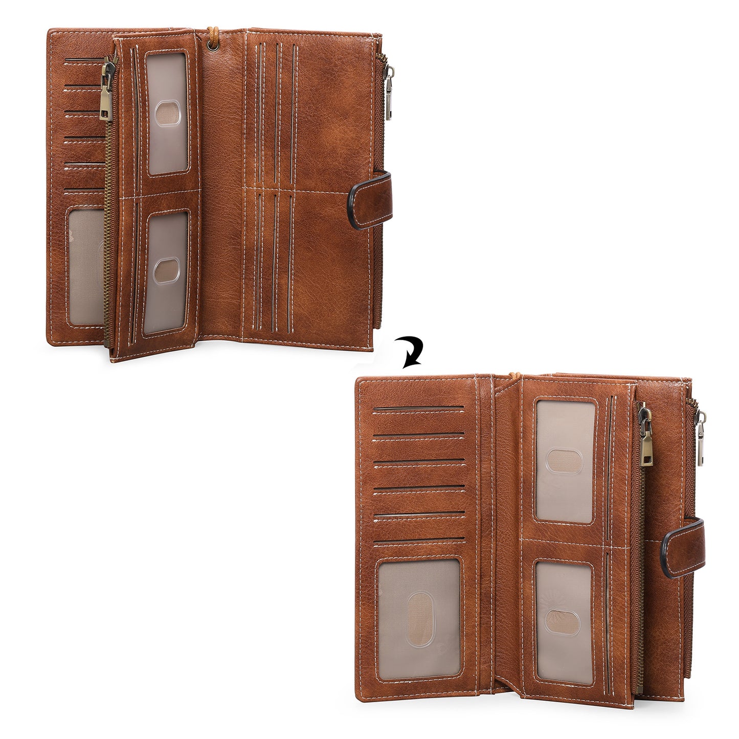 Sarah Express Women's Vintage Tri-Fold Wallet with RFID Protection - Oil Wax Leather Long Purse