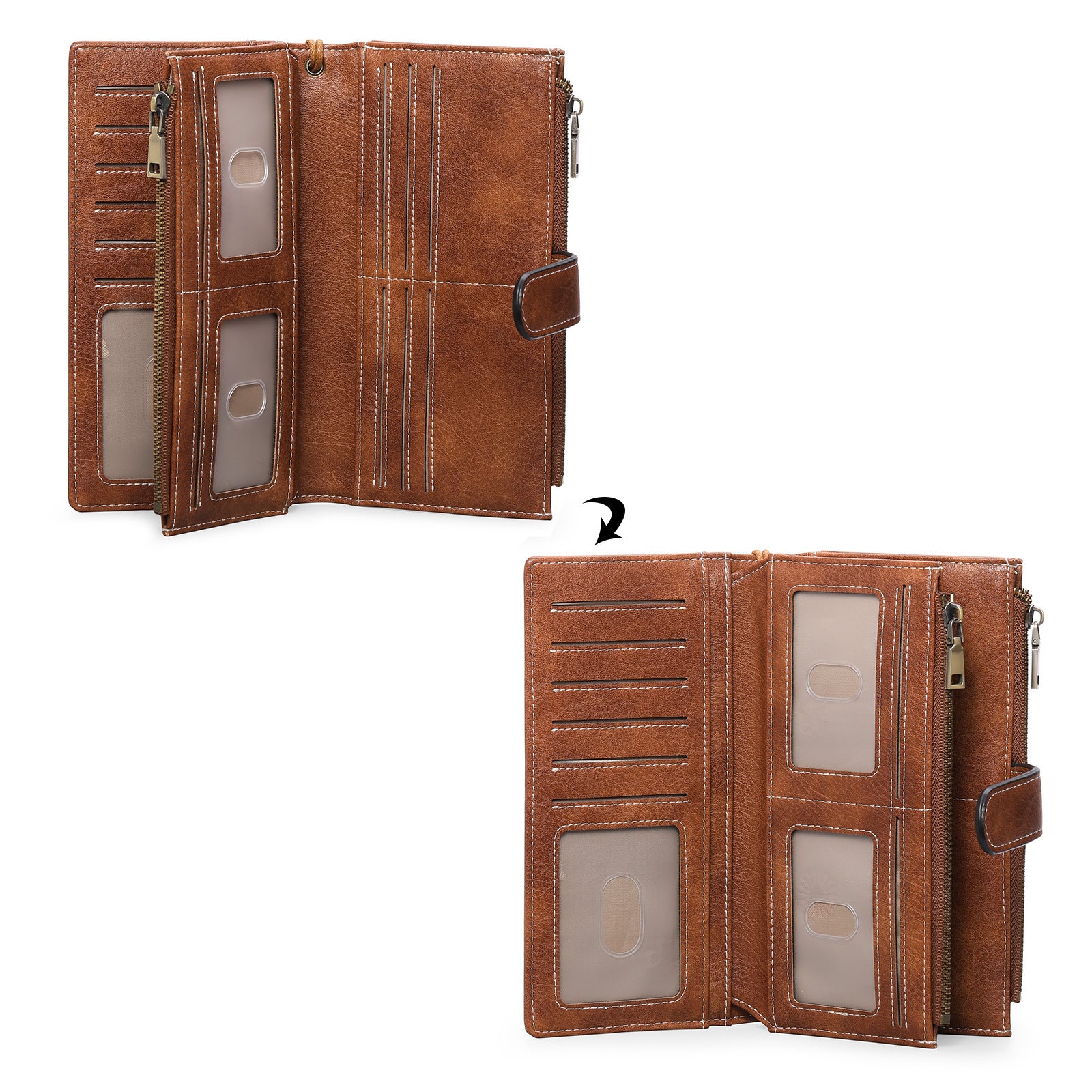 Sarah Express Women's Vintage Tri-Fold Wallet with RFID Protection - Oil Wax Leather Long Purse