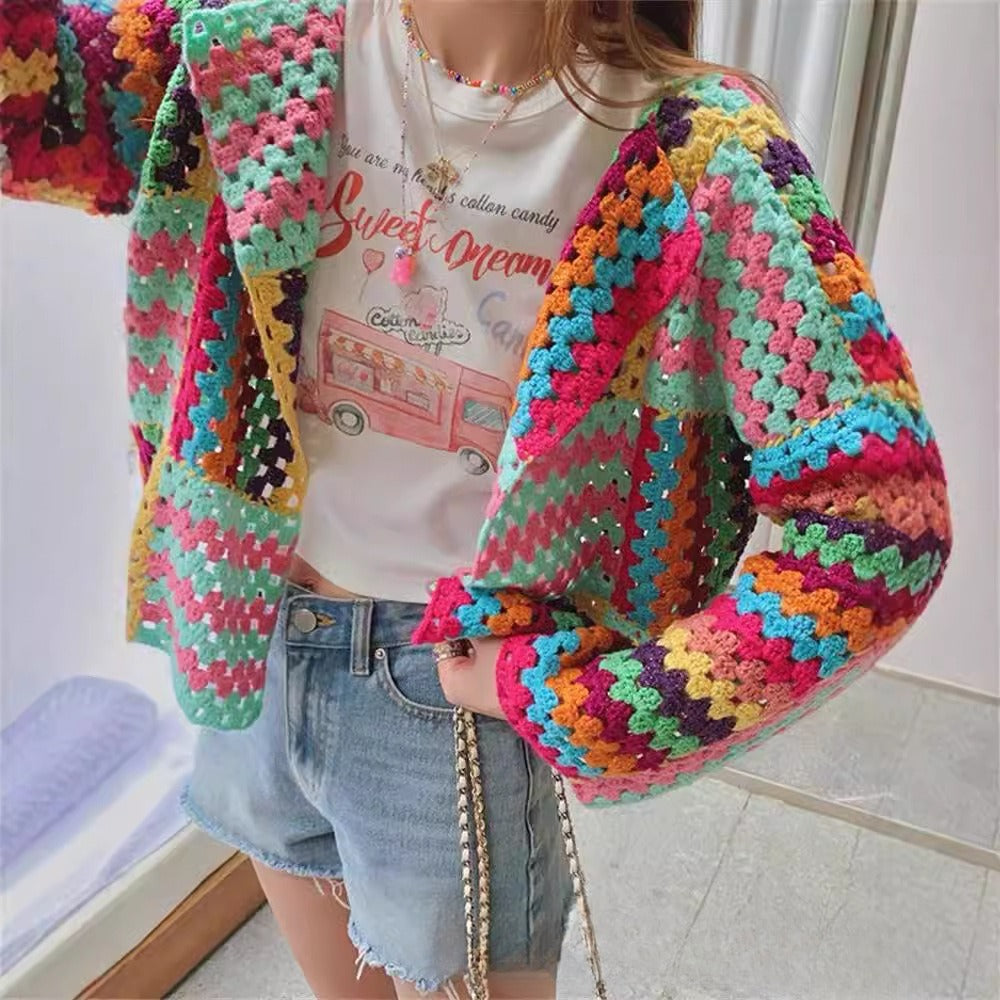 Crochet Woven Cotton Cardigan Sweater Women's Lightweight Top