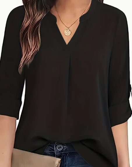 Solid V-Neck Blouse Long Sleeve Relaxed Fit Casual Top