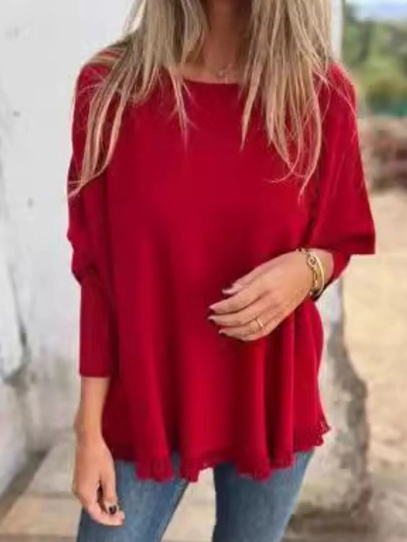 Sarah Express Women's Round Neck Long Sleeve Knit Top with Lace Trim Plus Size Red