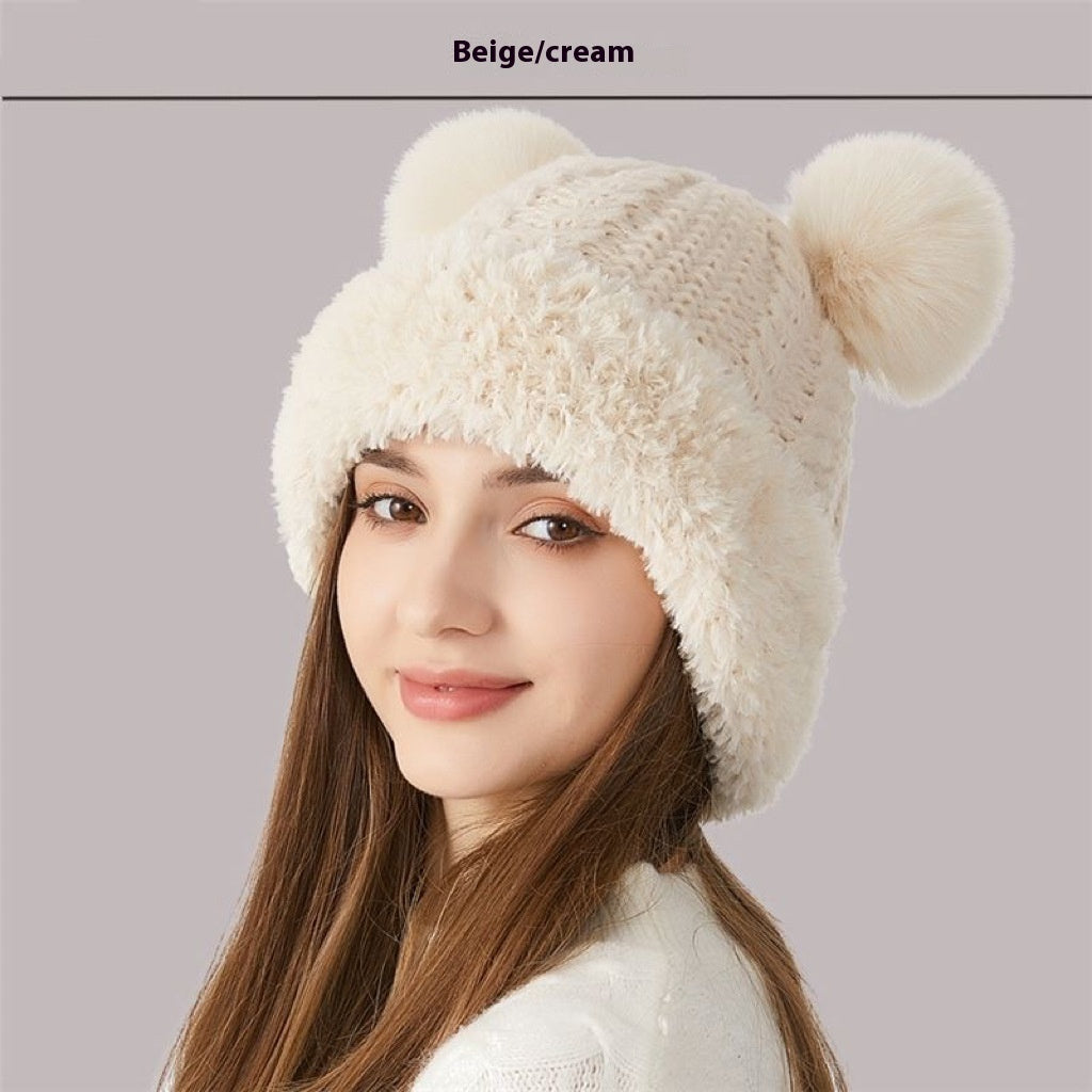 Women's Double Pom-Pom Knitted Winter Hat Fur Ball Dome Crown Windproof