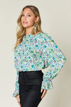 Sarah Express Women's Printed Flounce Sleeve Blouse - Basic Style Top
