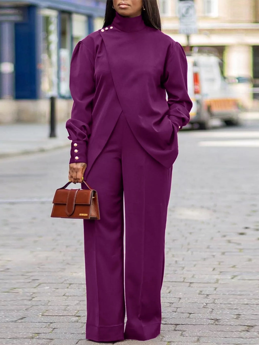 Sarah Express Women's High Neck Asymmetric Top and Pants Set Plum Purple