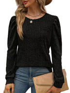 Sarah Express Women's Ribbed Knit Top with Puff Sleeves