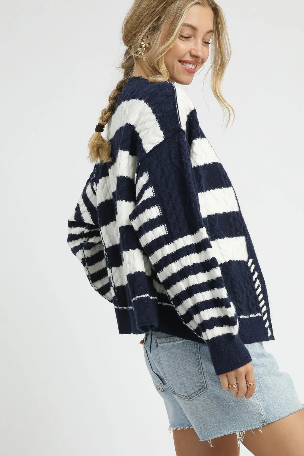 Sarah Express Women’s Stripe Cable-Knit Button-Up Cardigan Casual Fall Winter