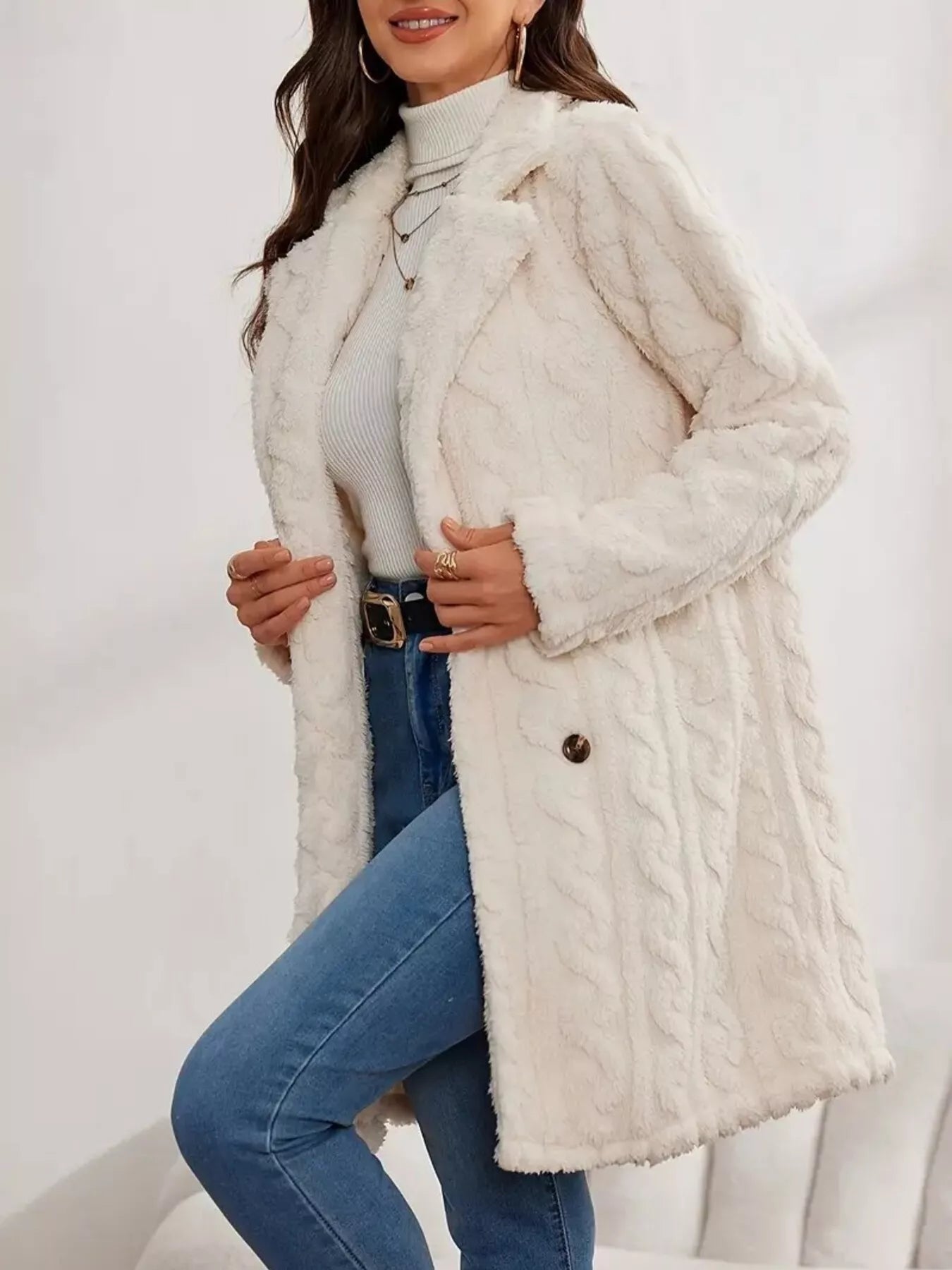 Sarah Express Women's Double-Breasted Fleece Longline Coat Apricot