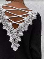 Sarah Express Women's Lace-Trimmed Back V-Neck Sweater