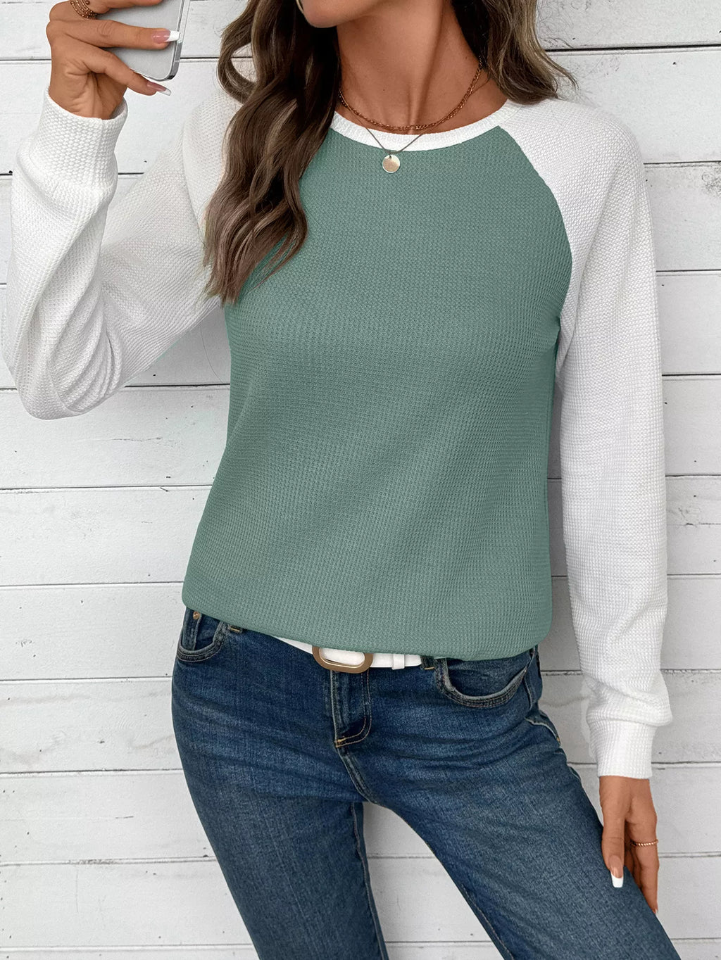 Sarah Express Women's Contrast Raglan Sleeve Waffle Knit T-Shirt