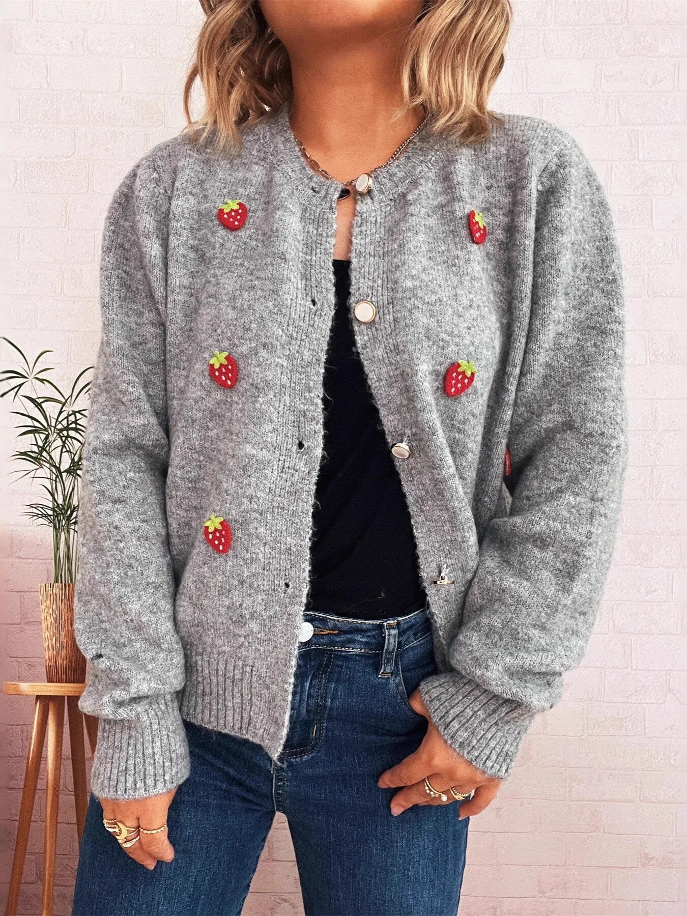 Sarah Express Women's Strawberry Button Up Long Sleeve Cardigan Gray One Size