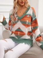 Sarah Express Women's Geometric Frayed Hem V-Neck Long Sleeve Sweater