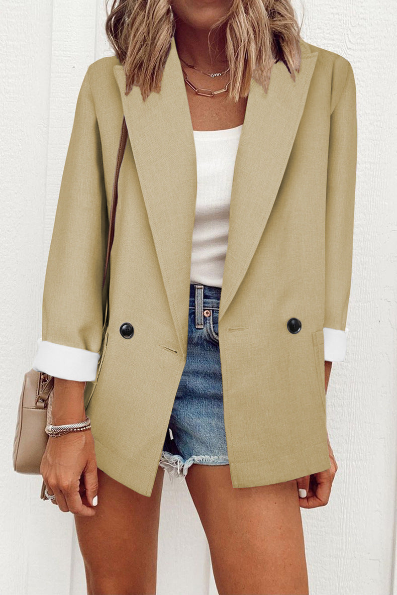 Women's Double-Breasted Blazer Loose Fit Suit Collar Long Sleeve Jacket
