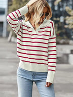 Sarah Express Women's Ribbed Hem Long Sleeve Striped Sweater Scarlet