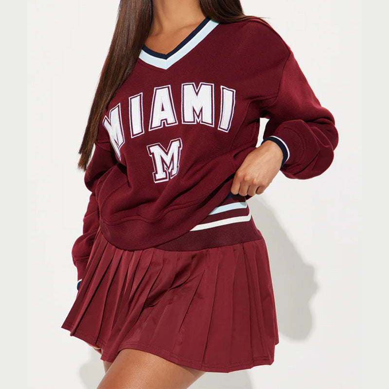 Women's Letter Print V-Neck Sweater Pleated Skirt Two-Piece Set