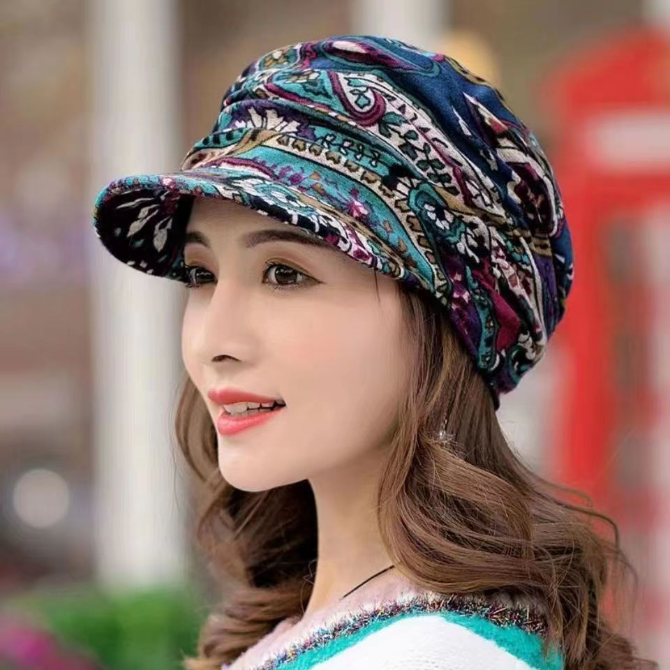 Floral Print Duck Cap Dome Hat Short Brim with Neck Protection