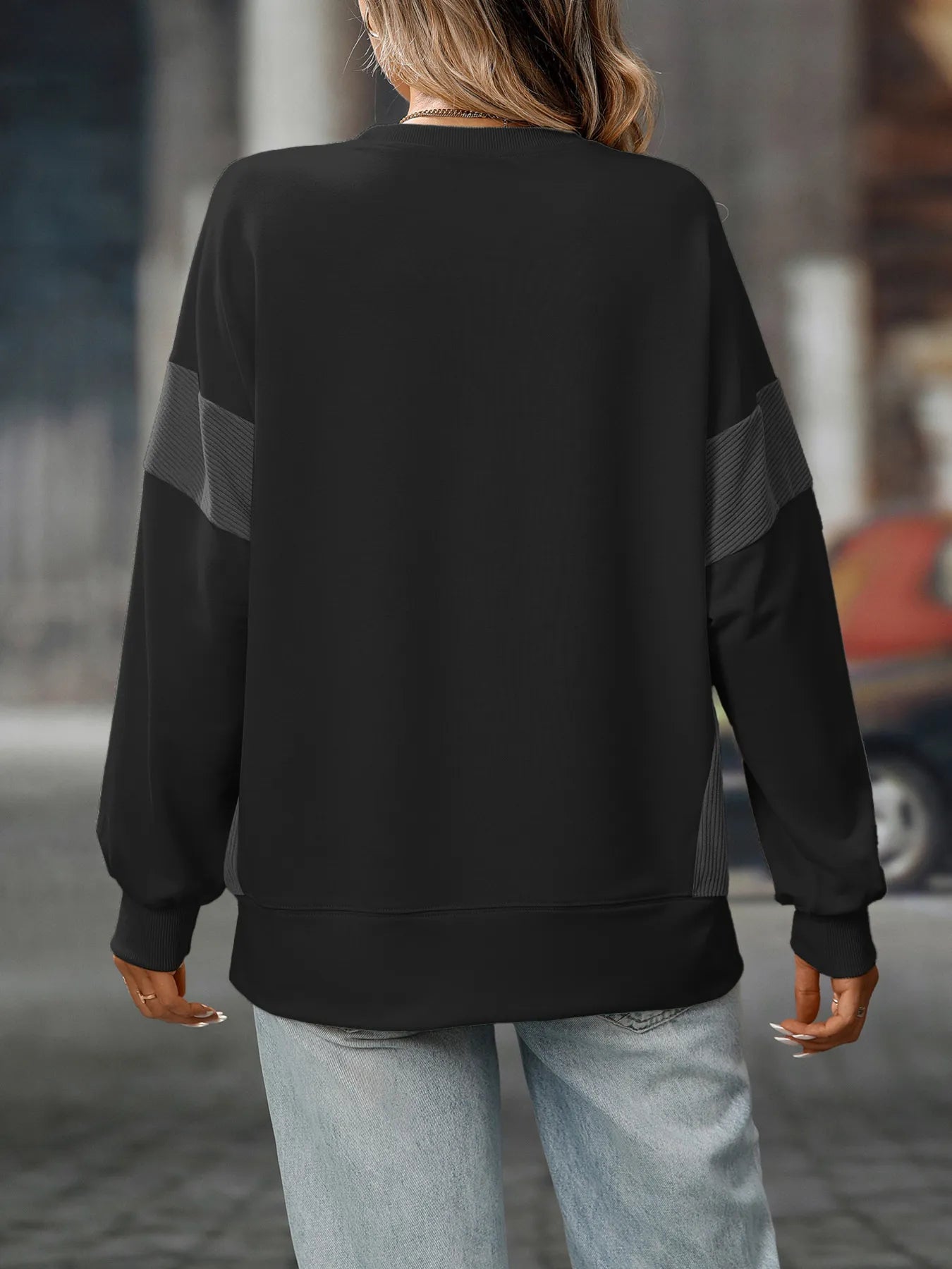 Sarah Express Women's Crew Neck Color-Blocked Drop-Shoulder Slit Sweatshirt