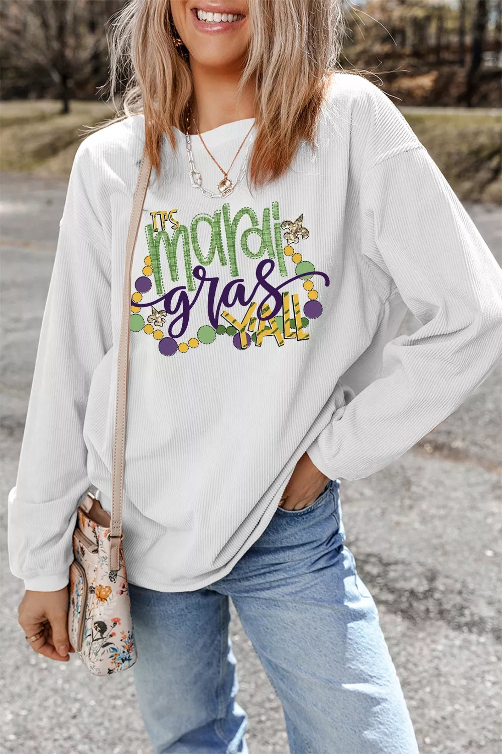Sarah Express Women's Mardi Gras Y'all Corded Ribbed Pullover Sweatshirt White