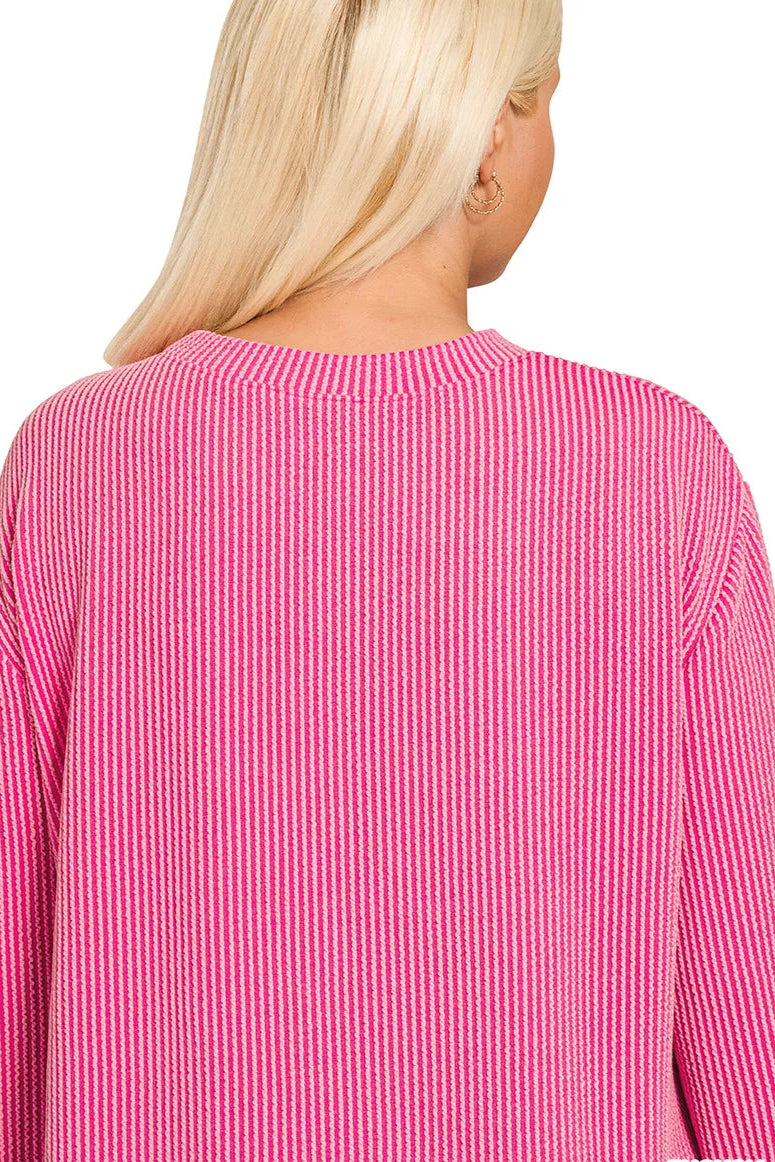 Sarah Express Women’s Plus Size Raised Rib Long Sleeve Top Casual All-Season