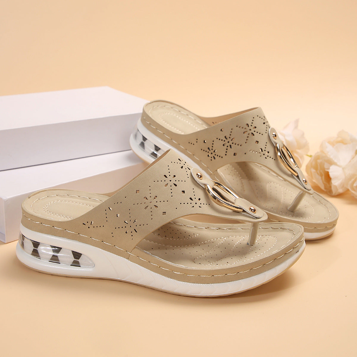 Sarah Express Women's Air Cushion Wedge Thong Sandals | Metal Buckle Flip Flops | Thick Sole Beach Shoes Khaki