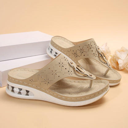 Sarah Express Women's Air Cushion Wedge Thong Sandals | Metal Buckle Flip Flops | Thick Sole Beach Shoes Khaki