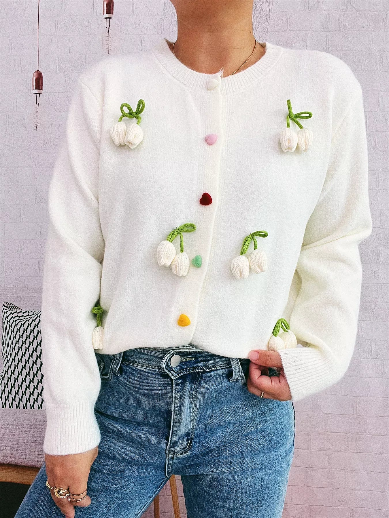 Sarah Express Women's Flower Button Up Long Sleeve Cardigan White One Size