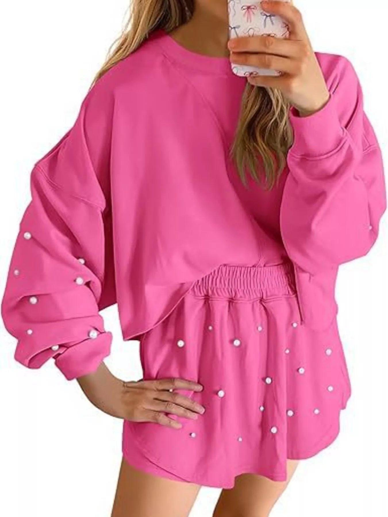 Sarah Express Women's Pearl Embellished Round Neck Top and Skort Set Fuchsia Pink