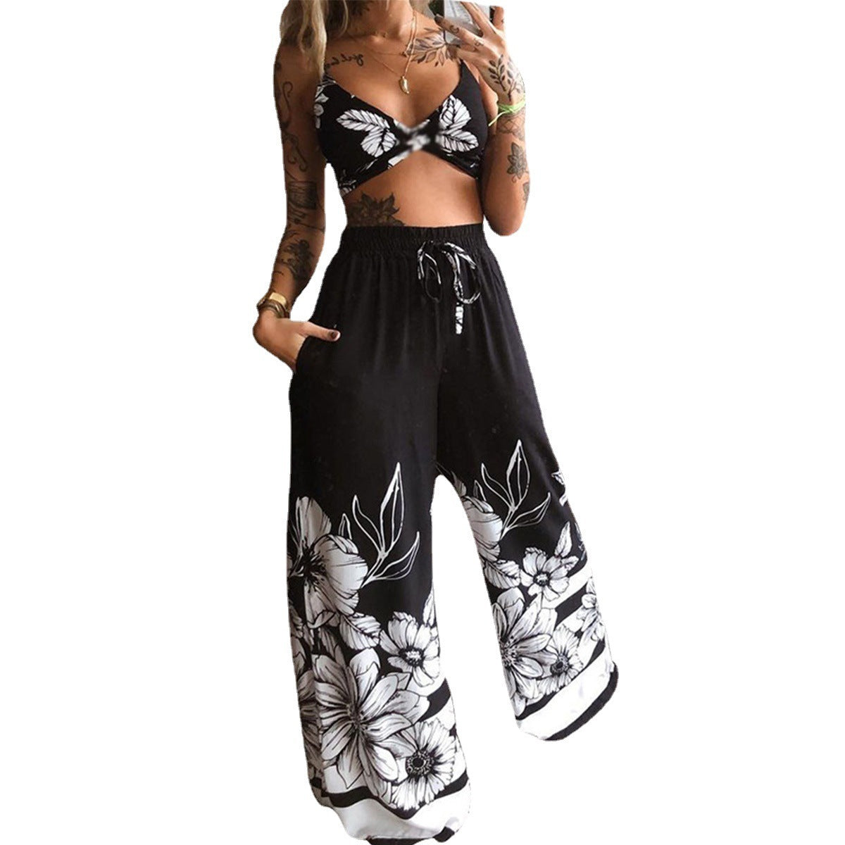 Women's Printed Tube Top Wide Leg Pants Two Piece Set Sleeveless