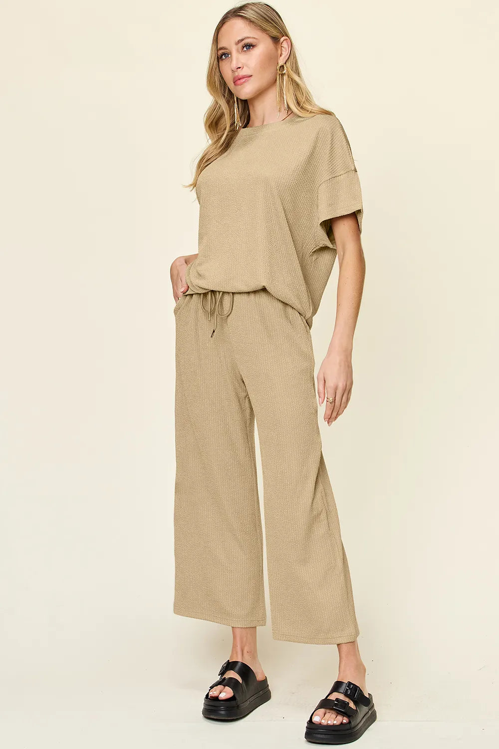 Sarah Express Women's Textured Round Neck T-Shirt and Wide Leg Pants Set
