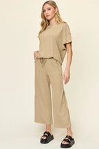 Sarah Express Women's Textured Round Neck T-Shirt and Wide Leg Pants Set